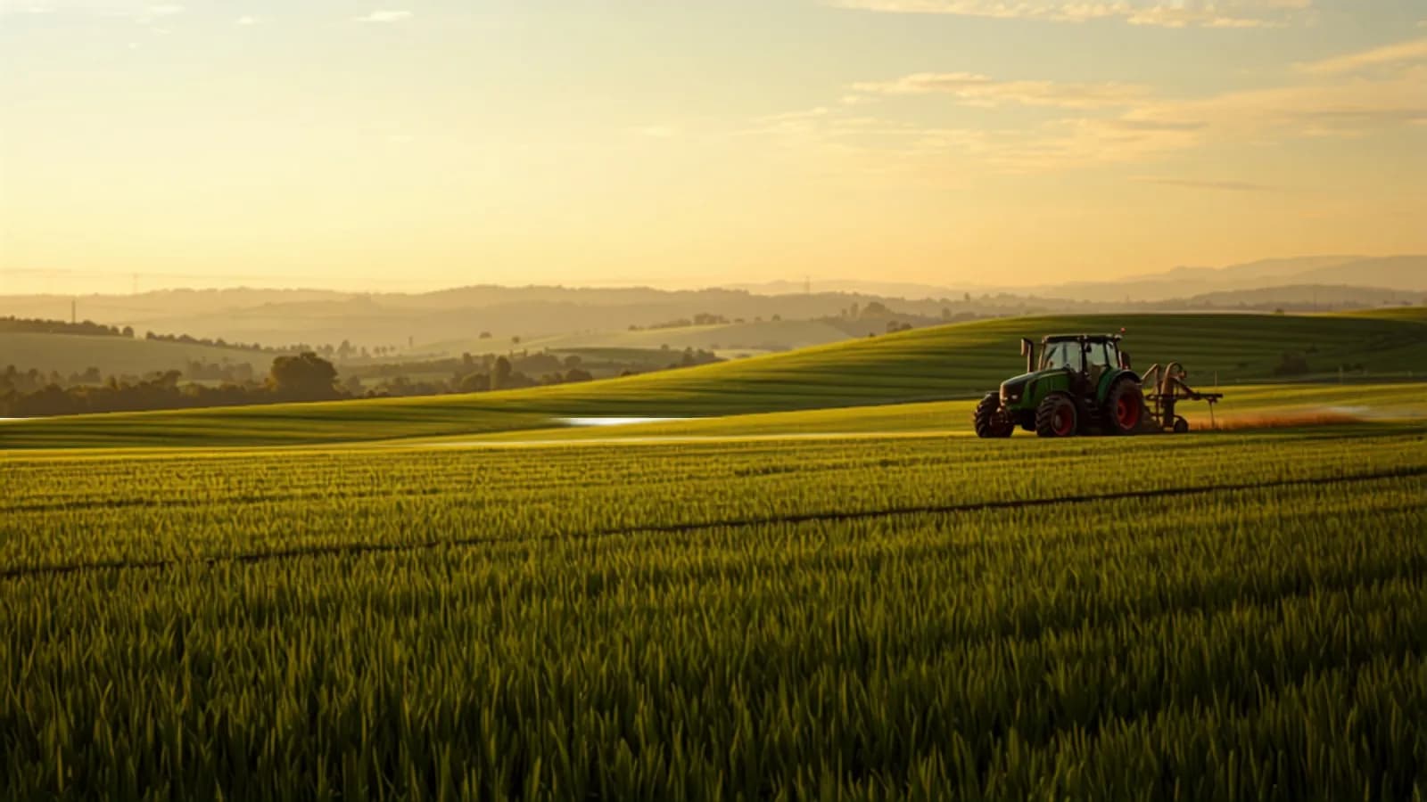 A modern tractor in an expansive farm landscape