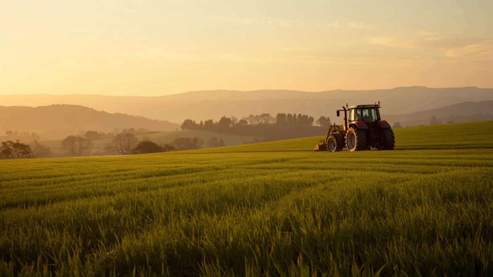 A tractor tilling a lush field at golden hour