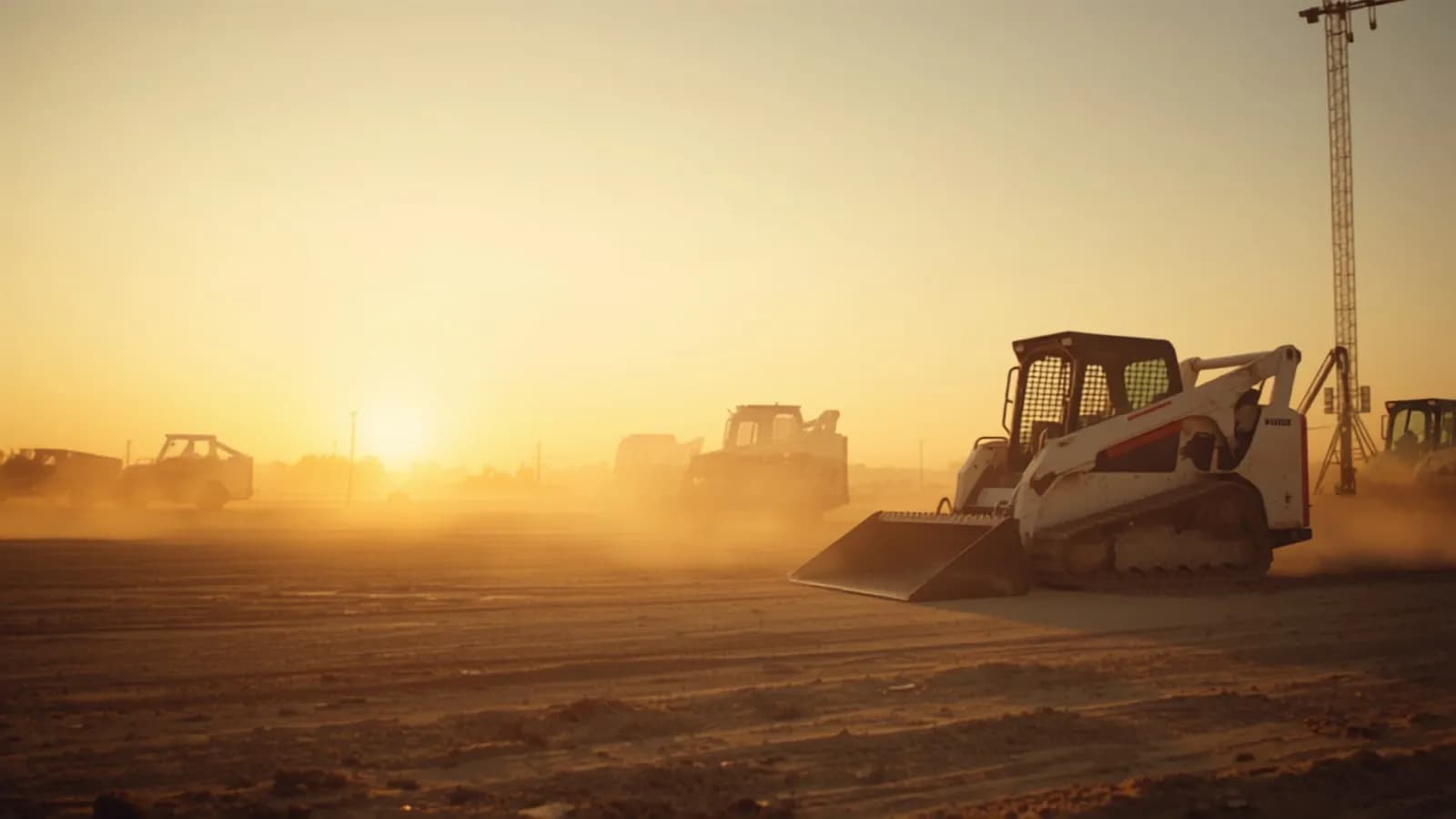Heavy construction equipment on site at sunset