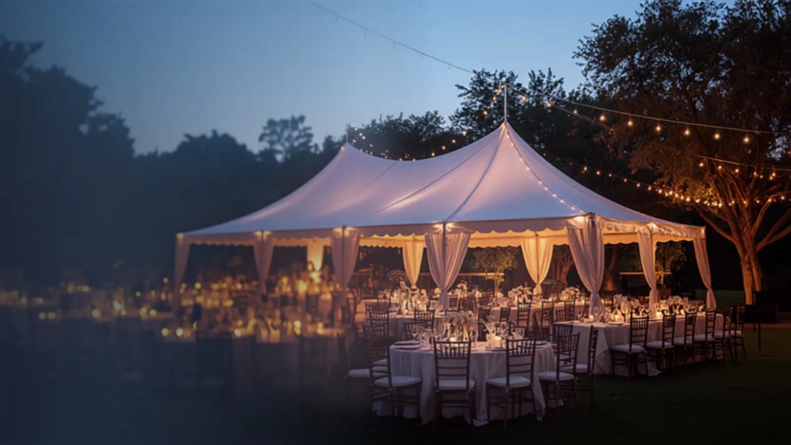 A luminous dusk event setup with floral details