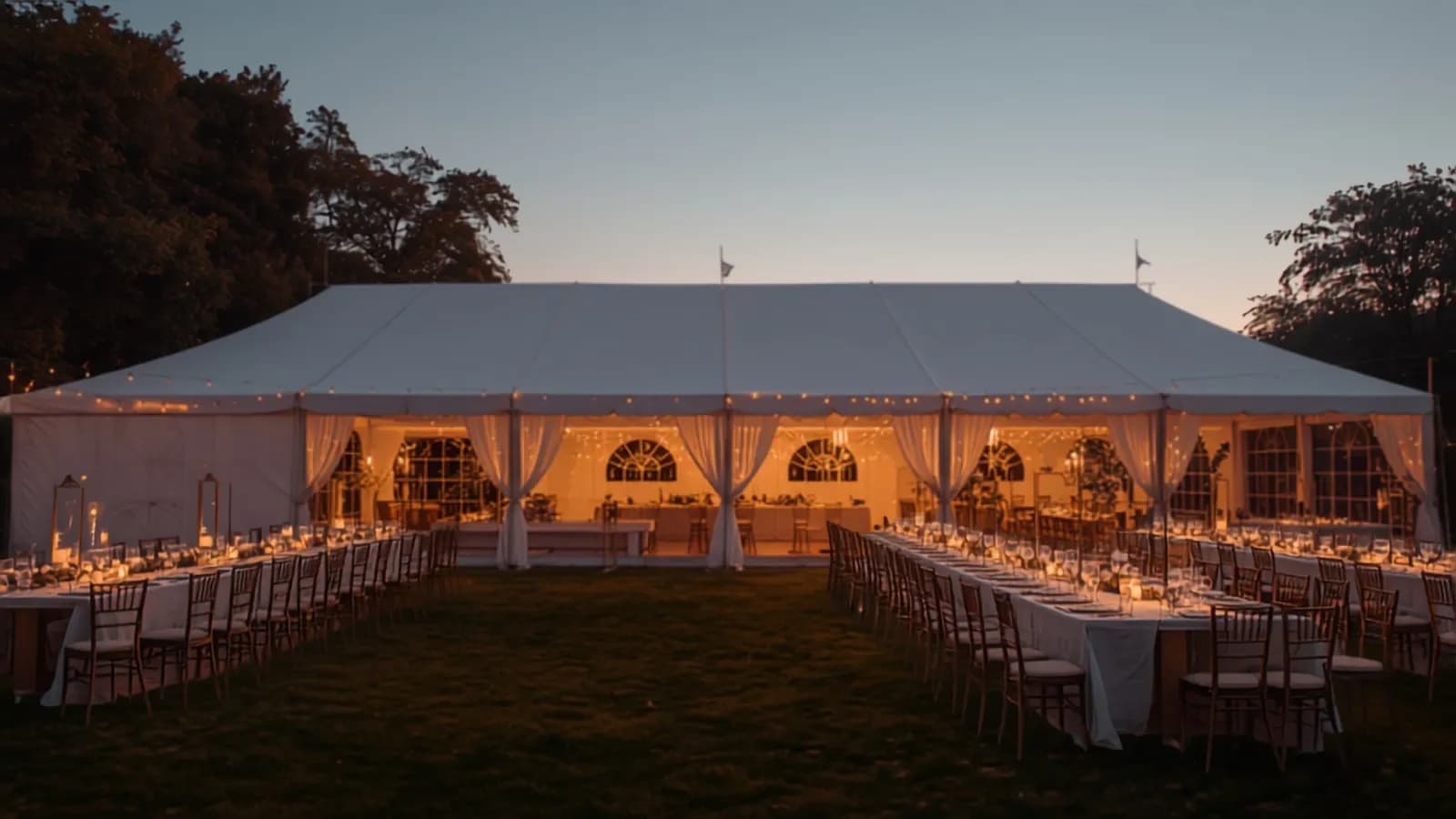 An elegant event tent with string lights at dusk