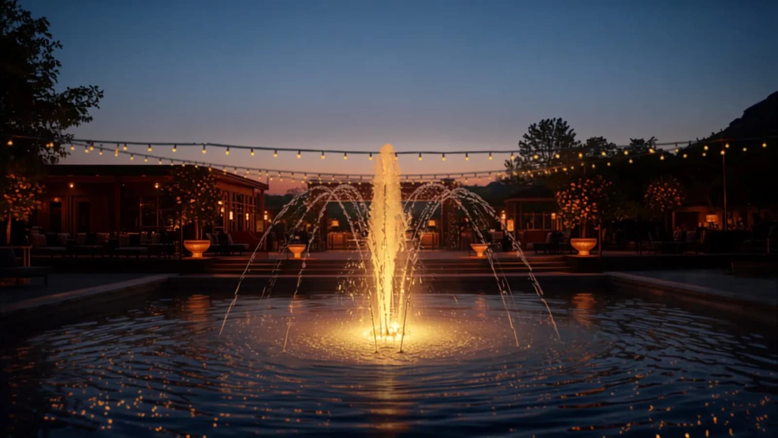 An illuminated water fountain at an event at dusk