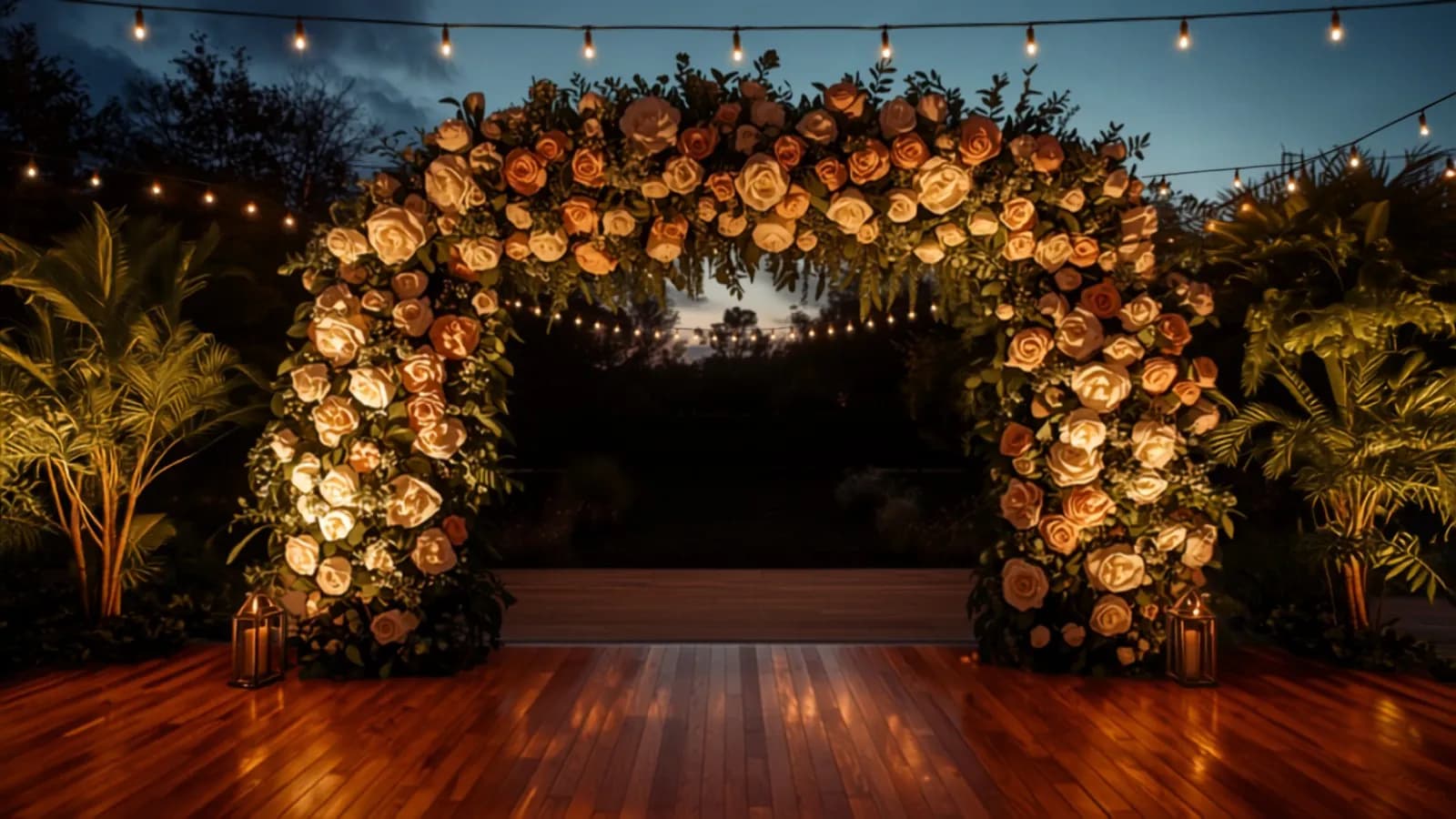 A lit floral arch over a dance floor at dusk