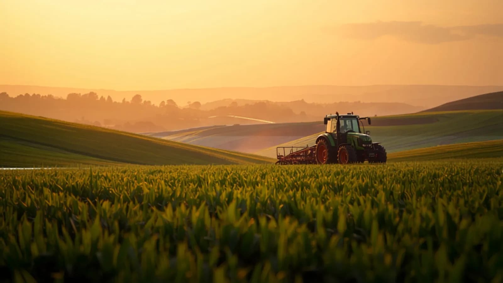 A tractor working a green field at golden hour