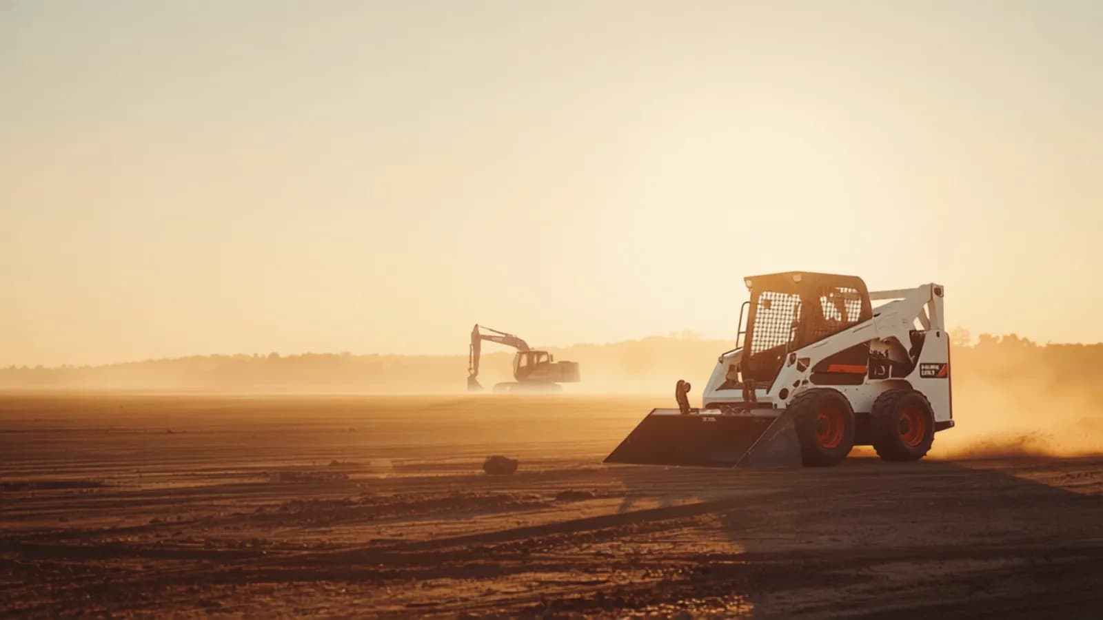 An excavator and skid-steer on a jobsite at golden hour