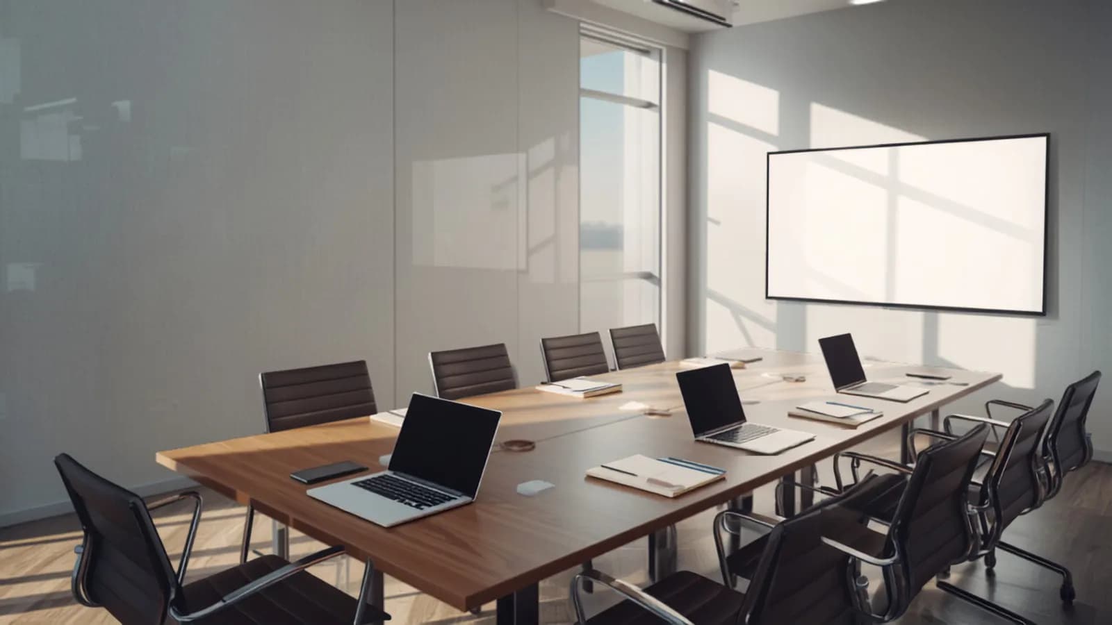 A modern conference room set up with laptops and a large display