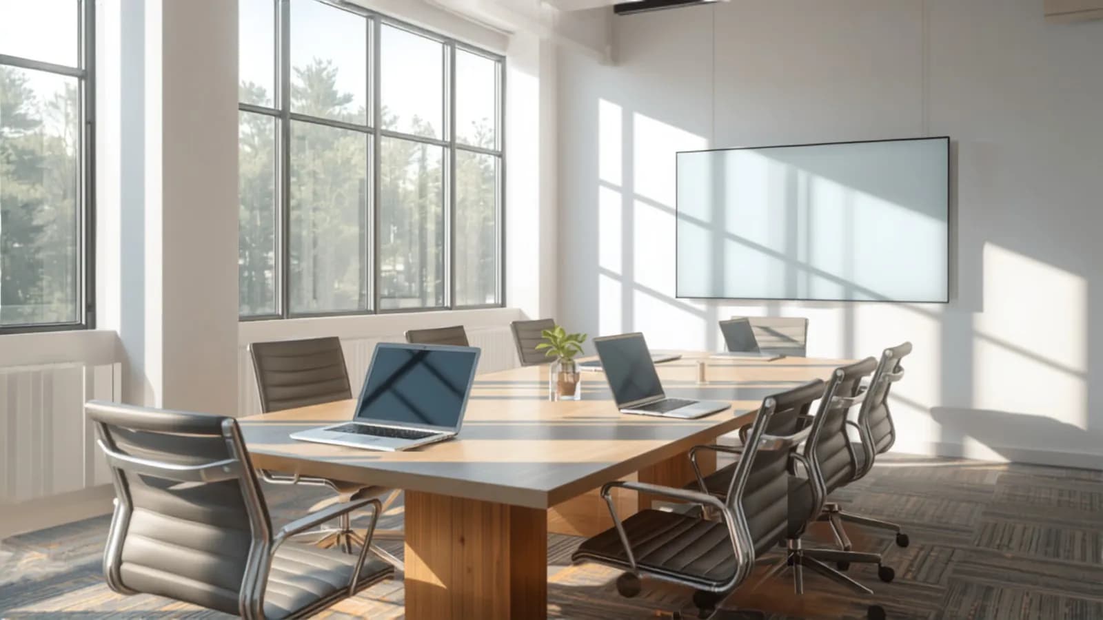 A luminous conference room set for a tech presentation