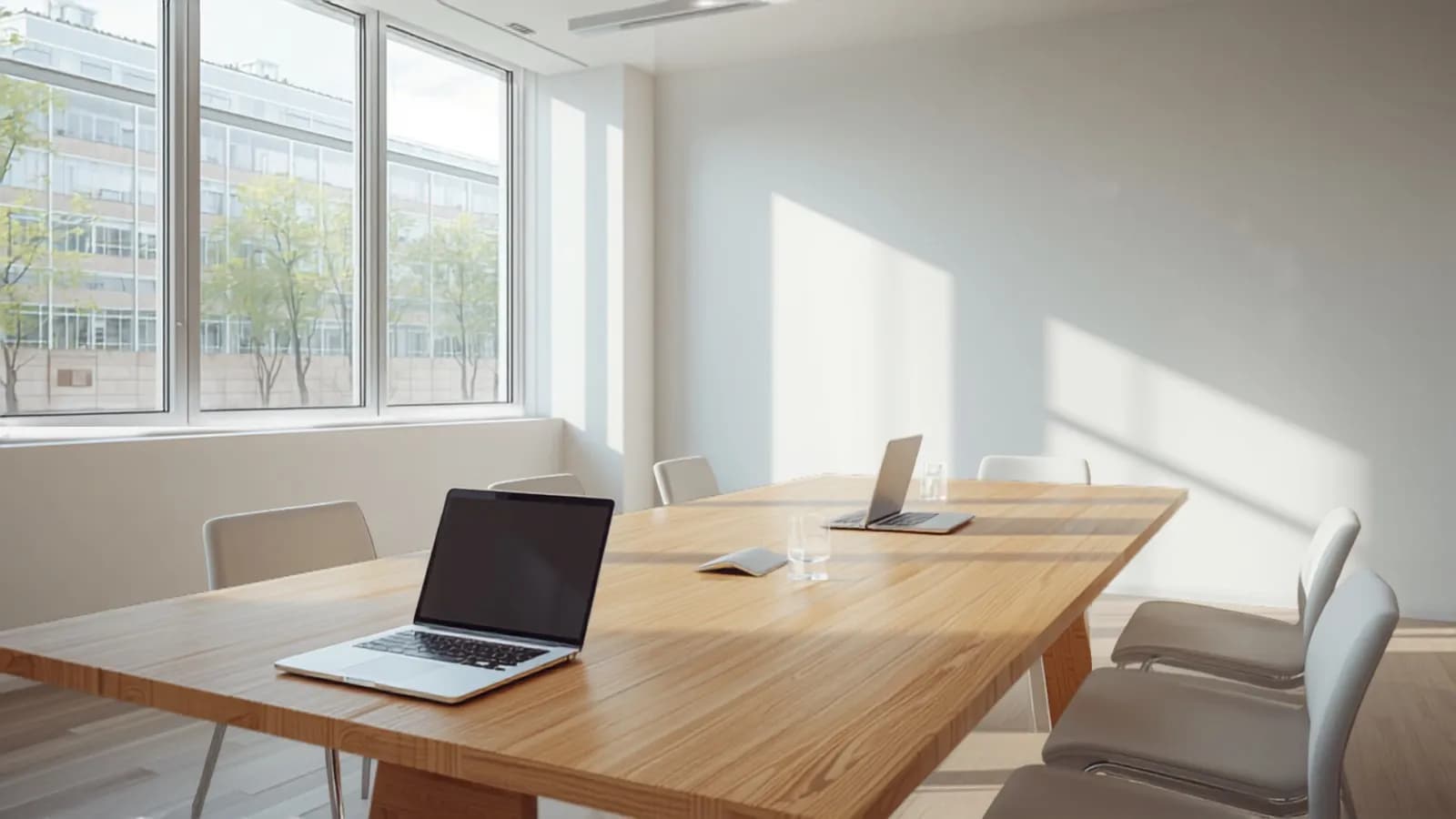 A sunlit modern conference room with AV equipment