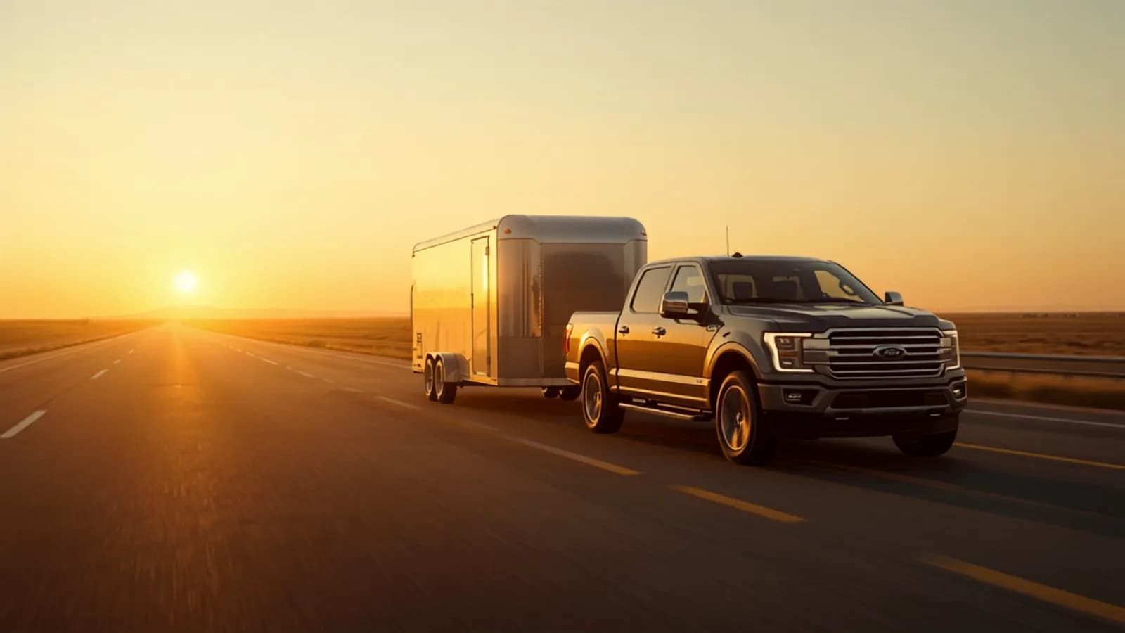 A fleet of pickup trucks at sunset