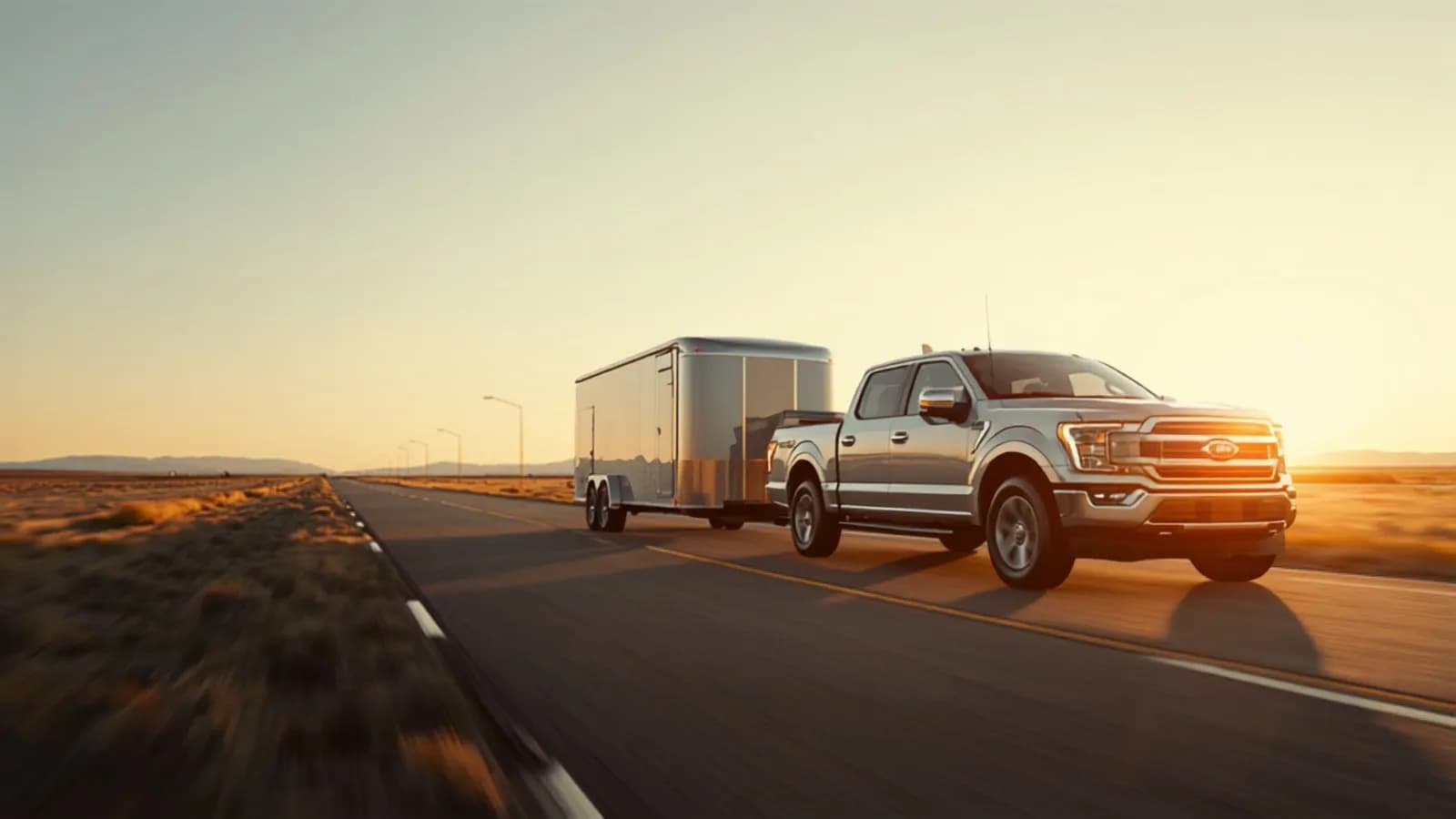 A pickup truck on the highway at golden hour