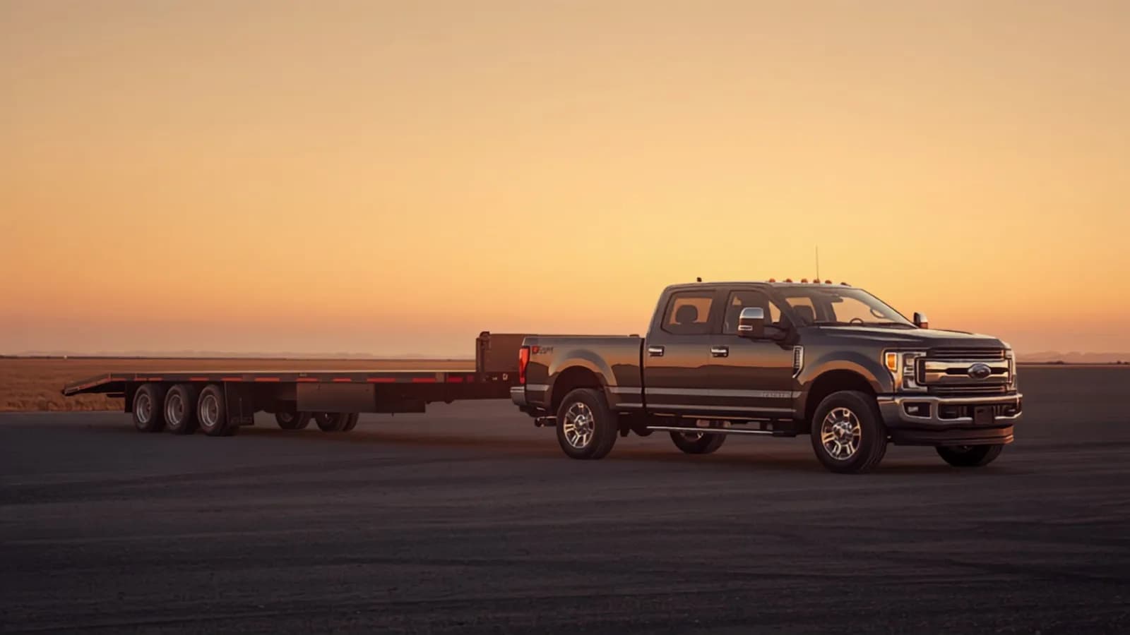 A flatbed equipment trailer hitched to a pickup at golden hour
