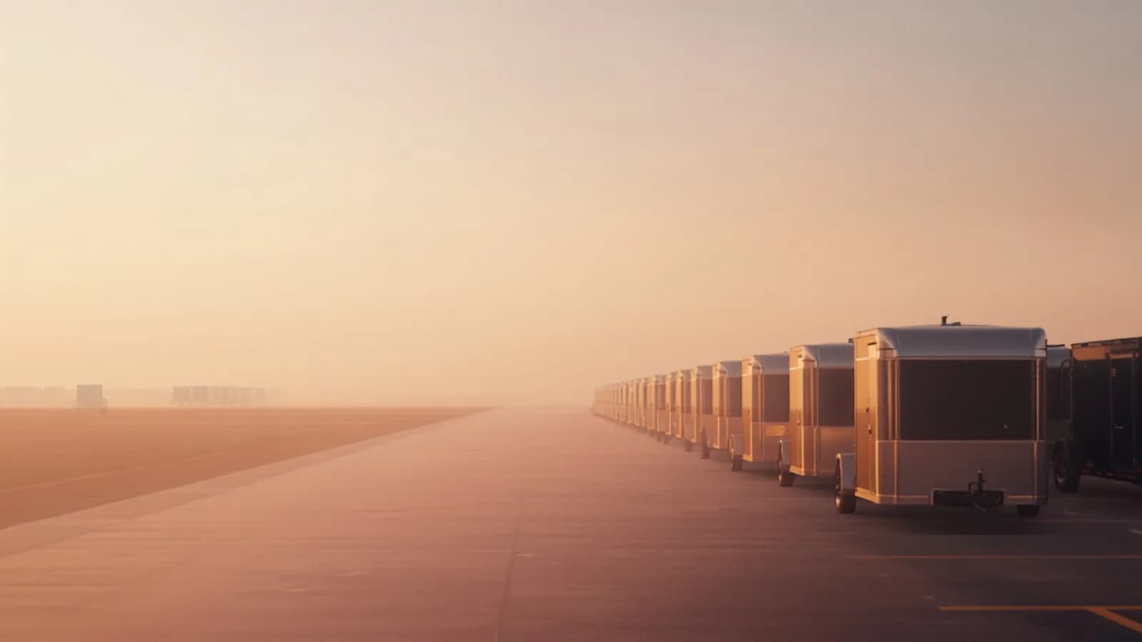 A tidy lineup of rental trailers in a yard at golden hour