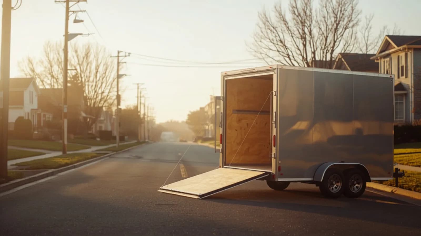 An enclosed cargo trailer with its ramp down on a neighborhood street at golden hour