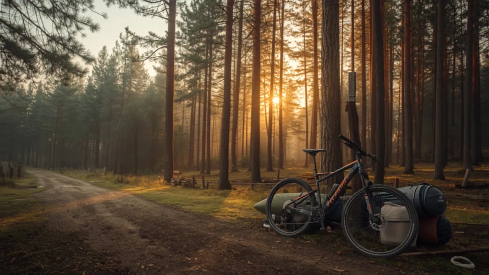 Mountain bikes and kayaks at a forest trailhead at sunrise