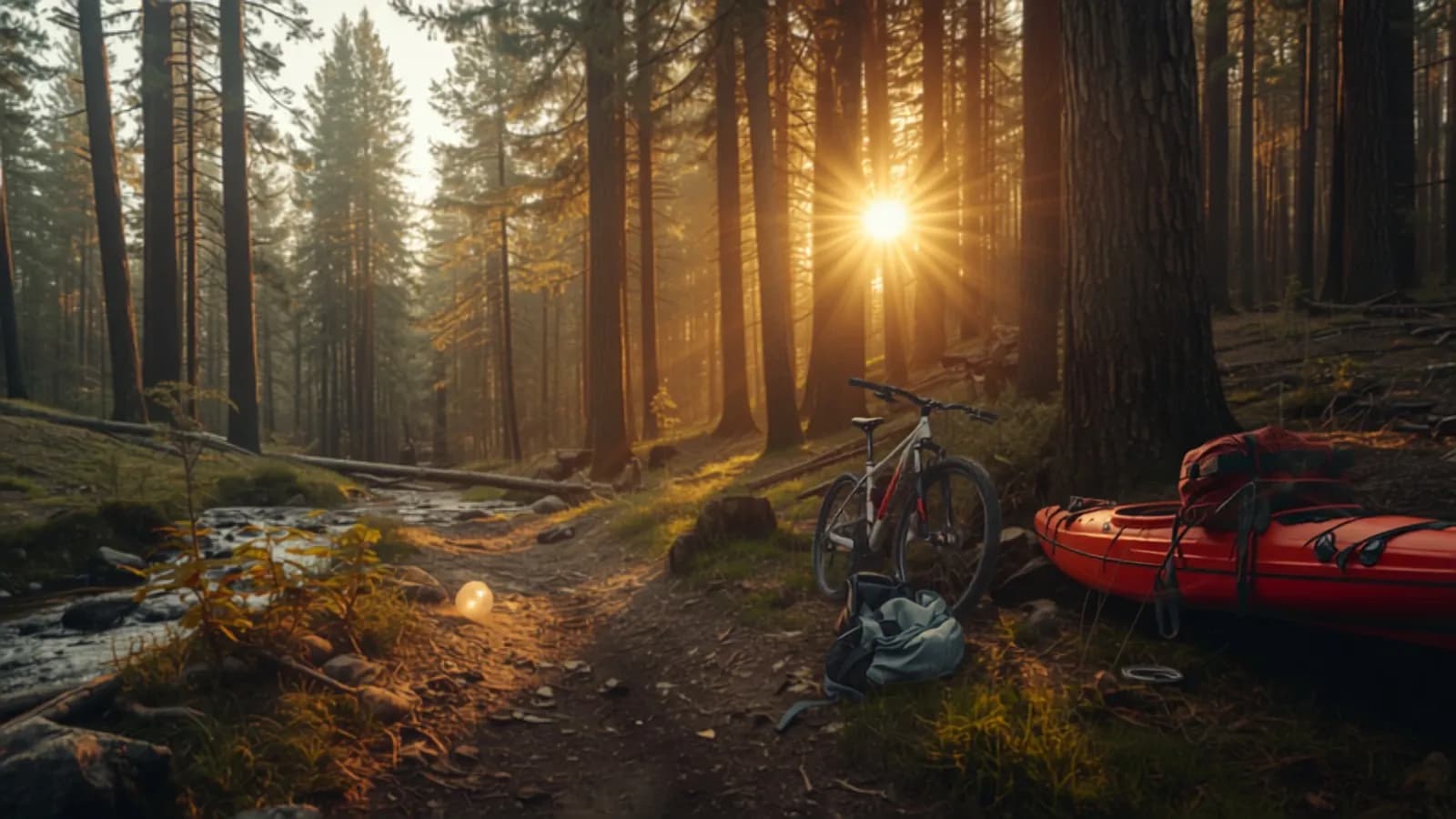 A serene forest trailhead at sunrise