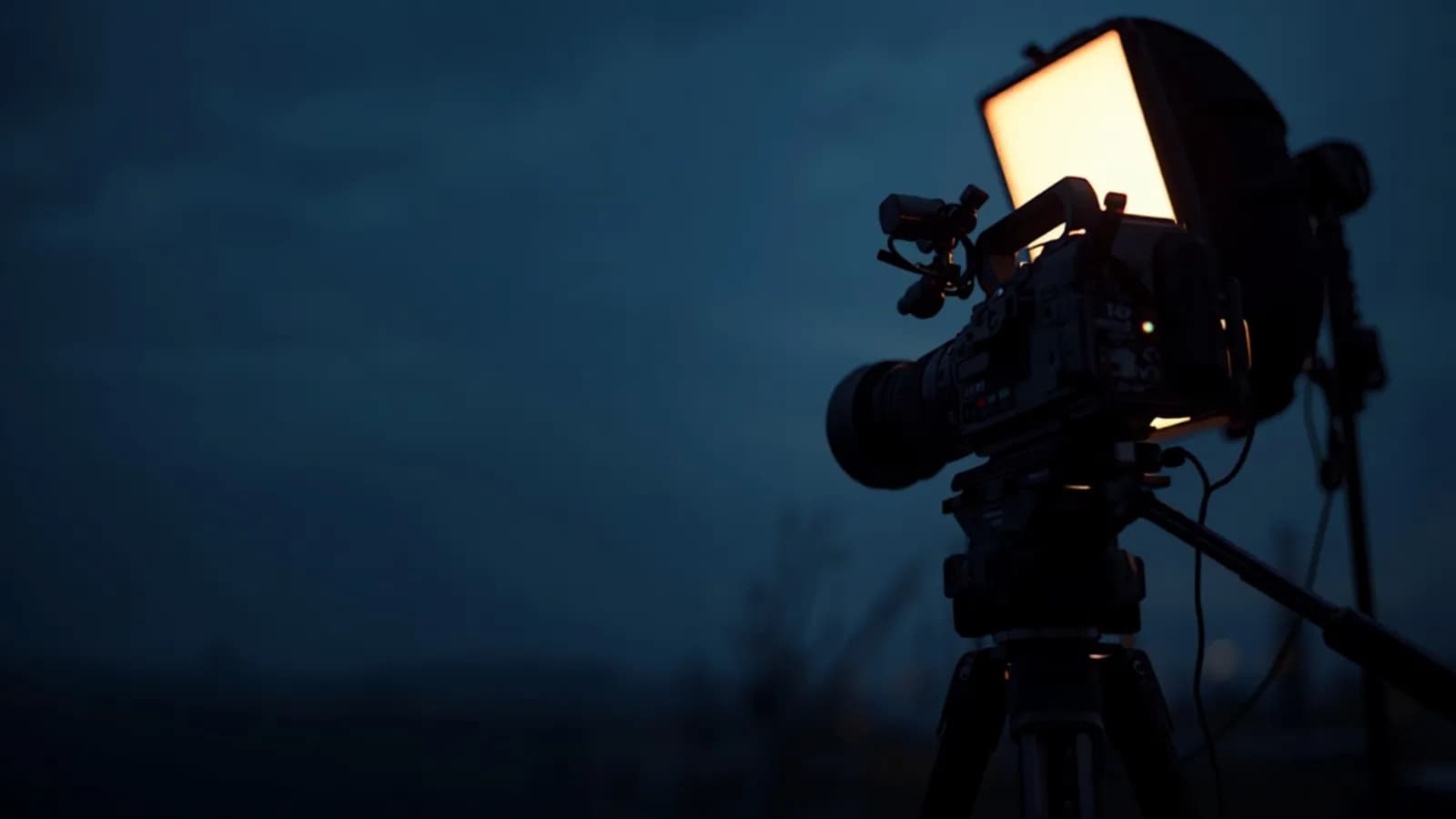 A cinema camera and softbox lighting on a film set