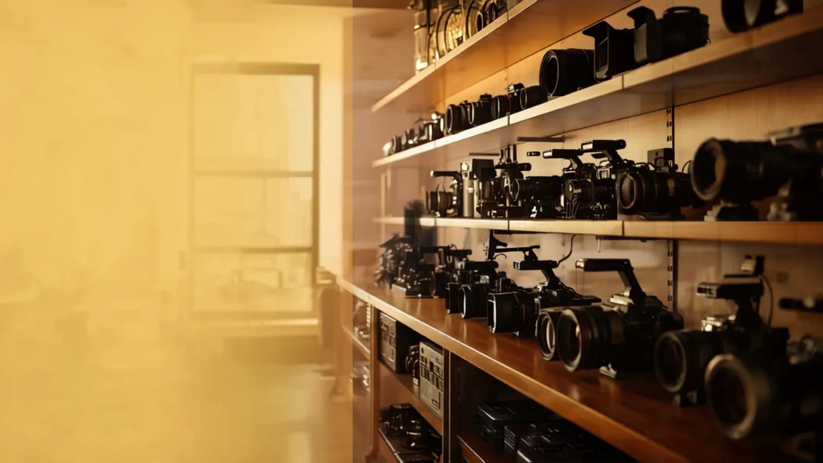 Shelves of cinema cameras in a rental studio with soft warm light