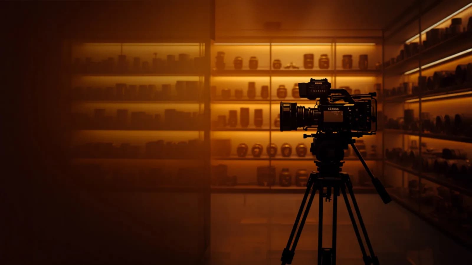 A cinema camera on a tripod in a warmly lit gear room