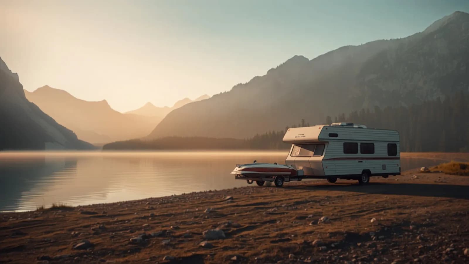 An RV and boat at a mountain lakeside campsite at sunrise