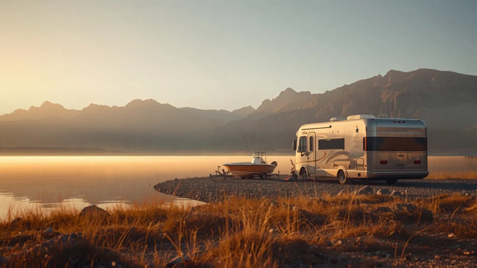 A lakeside RV campsite at golden sunrise